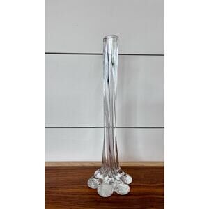 Art Glass Bud Vase Clear Elephant Foot Base 11.5” Tall Vase  Twisted Stem Pulled